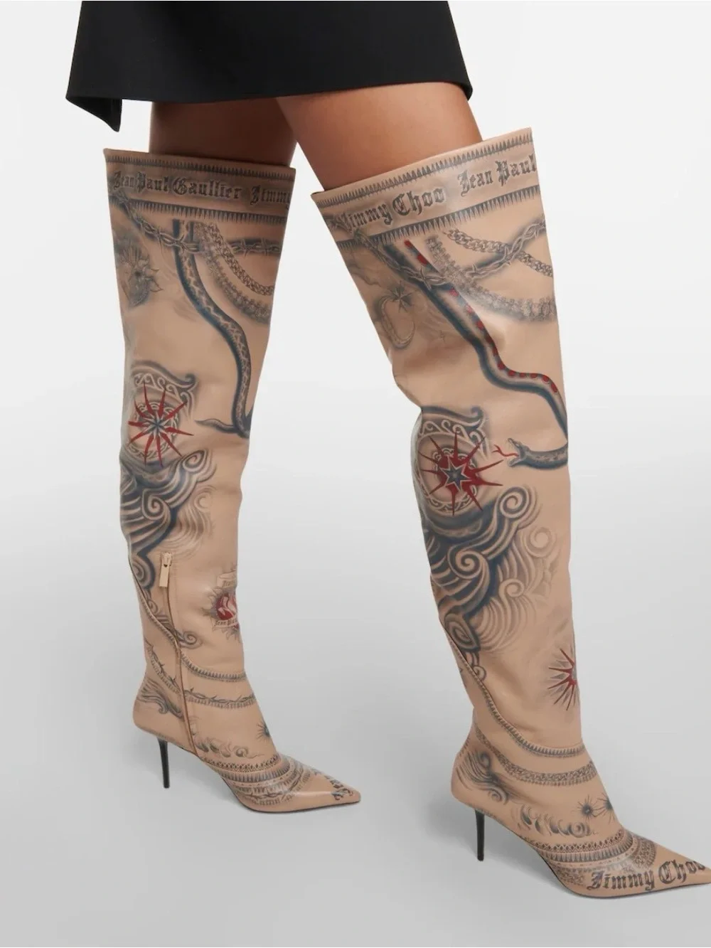 Jimmy Choo Jean Paul Gaultier Over-the-Knee Tattoo-Print Stiletto Boots in Beige